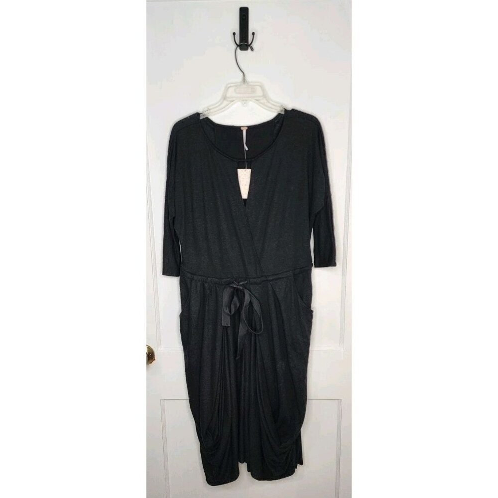 NWT Free People Easy Squeezy Linen Blend Dress Size XS Black Lagenlook Pockets